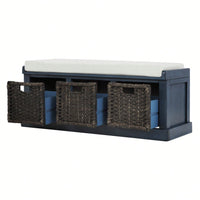 Rustic Storage Bench With 3 Removable Classic Rattan Basket , Entryway Bench Storage Bench With Removable Cushion