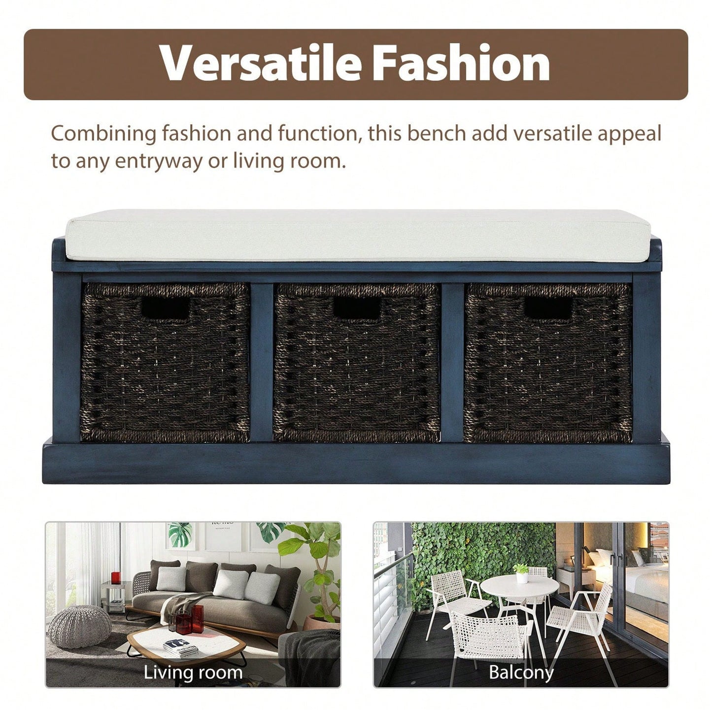 Rustic Storage Bench With 3 Removable Classic Rattan Basket , Entryway Bench Storage Bench With Removable Cushion