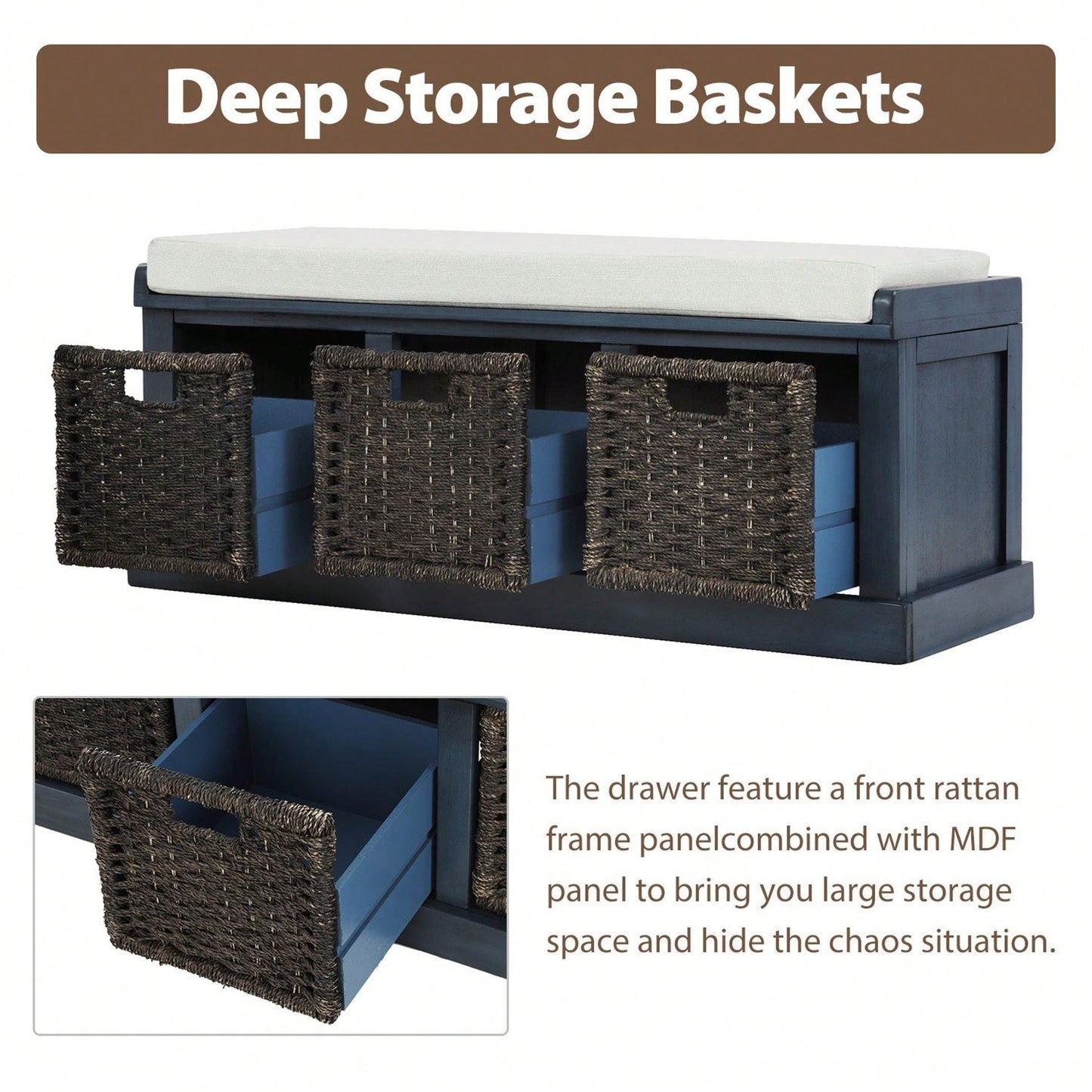 Rustic Storage Bench With 3 Removable Classic Rattan Basket , Entryway Bench Storage Bench With Removable Cushion