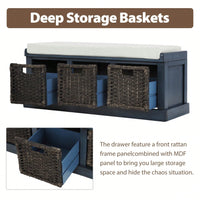Rustic Storage Bench With 3 Removable Classic Rattan Basket , Entryway Bench Storage Bench With Removable Cushion