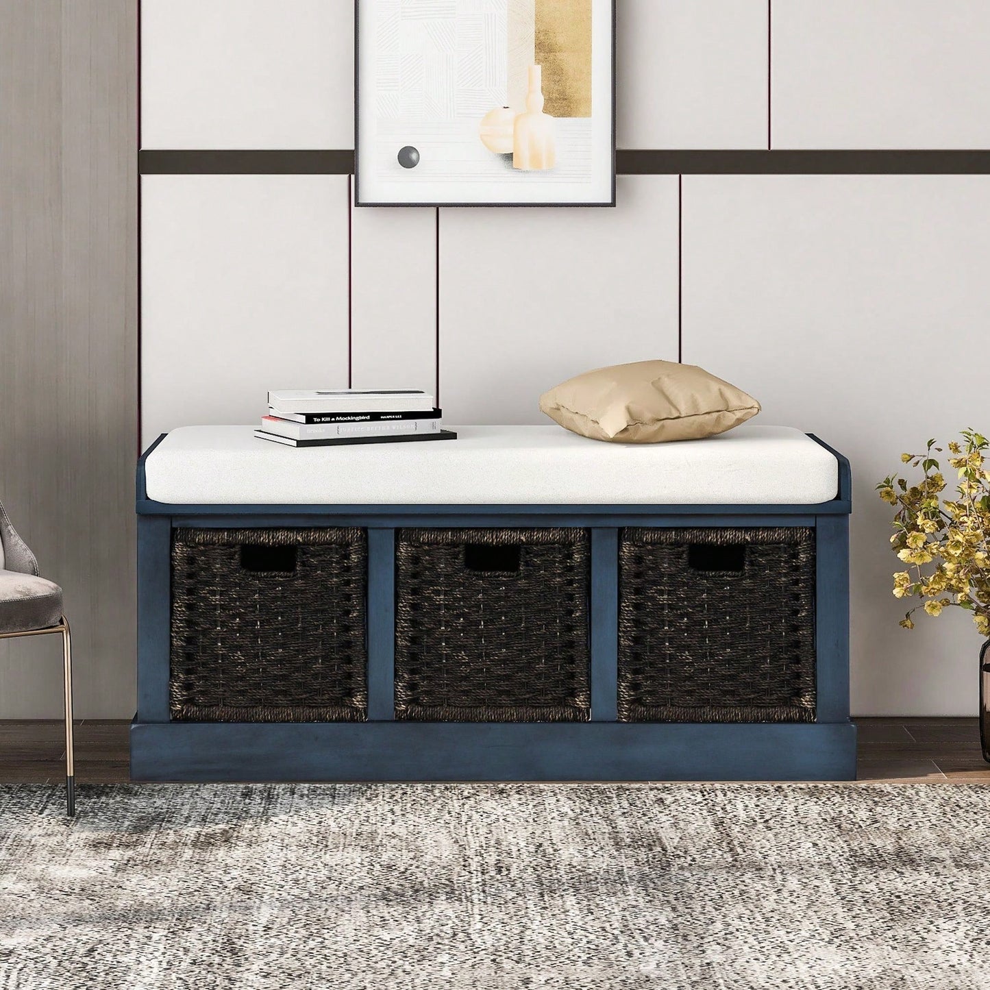 Rustic Storage Bench With 3 Removable Classic Rattan Basket , Entryway Bench Storage Bench With Removable Cushion