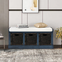 Rustic Storage Bench With 3 Removable Classic Rattan Basket , Entryway Bench Storage Bench With Removable Cushion