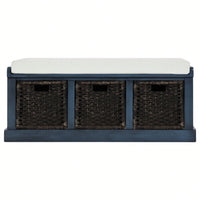 Rustic Storage Bench With 3 Removable Classic Rattan Basket , Entryway Bench Storage Bench With Removable Cushion