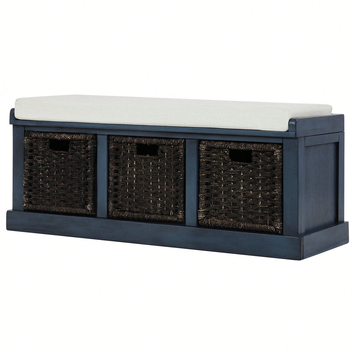 Rustic Storage Bench With 3 Removable Classic Rattan Basket , Entryway Bench Storage Bench With Removable Cushion