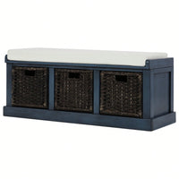 Rustic Storage Bench With 3 Removable Classic Rattan Basket , Entryway Bench Storage Bench With Removable Cushion