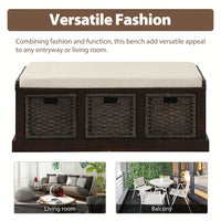 Rustic Storage Bench With 3 Removable Classic Rattan Basket , Entryway Bench Storage Bench With Removable Cushion