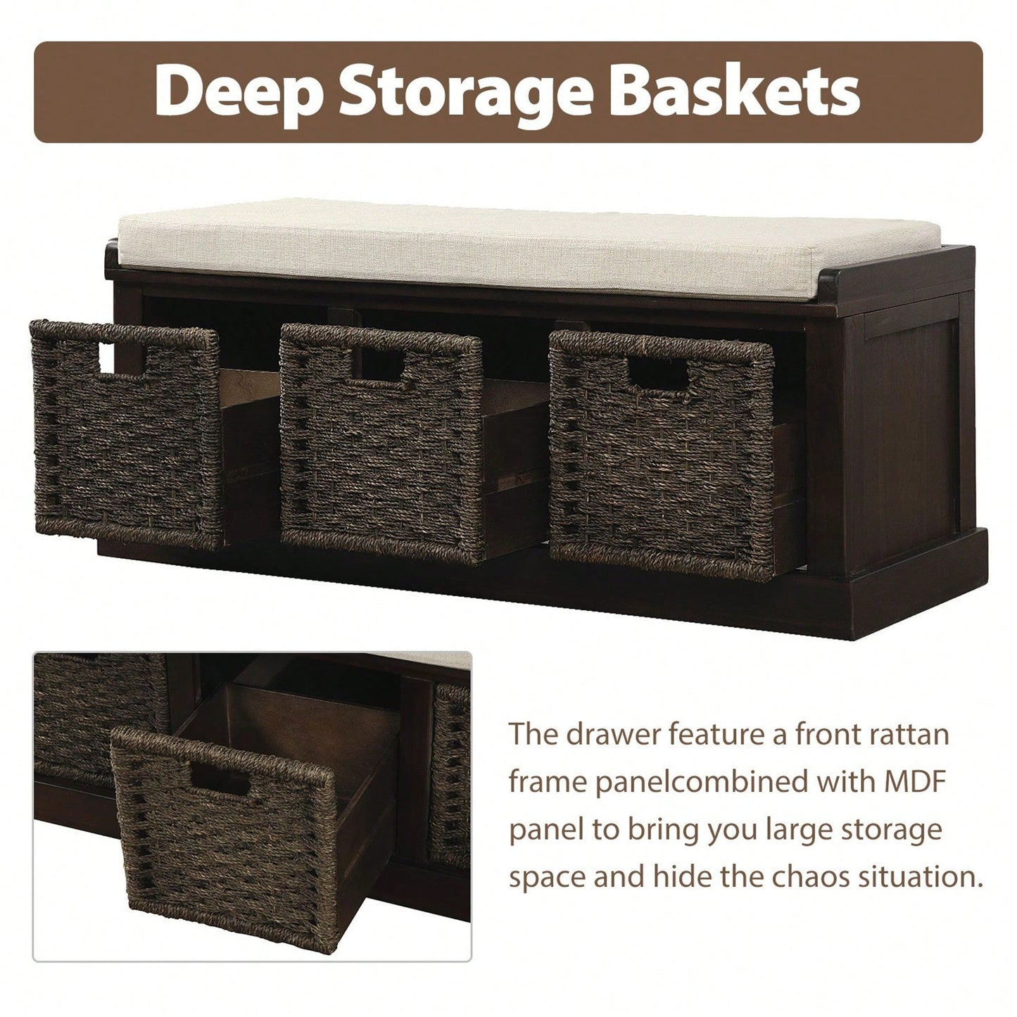 Rustic Storage Bench With 3 Removable Classic Rattan Basket , Entryway Bench Storage Bench With Removable Cushion