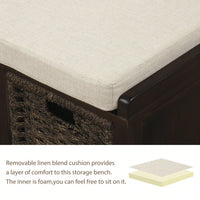 Rustic Storage Bench With 3 Removable Classic Rattan Basket , Entryway Bench Storage Bench With Removable Cushion