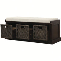 Rustic Storage Bench With 3 Removable Classic Rattan Basket , Entryway Bench Storage Bench With Removable Cushion