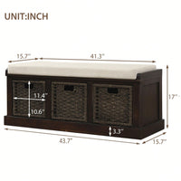 Rustic Storage Bench With 3 Removable Classic Rattan Basket , Entryway Bench Storage Bench With Removable Cushion