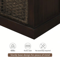 Rustic Storage Bench With 3 Removable Classic Rattan Basket , Entryway Bench Storage Bench With Removable Cushion