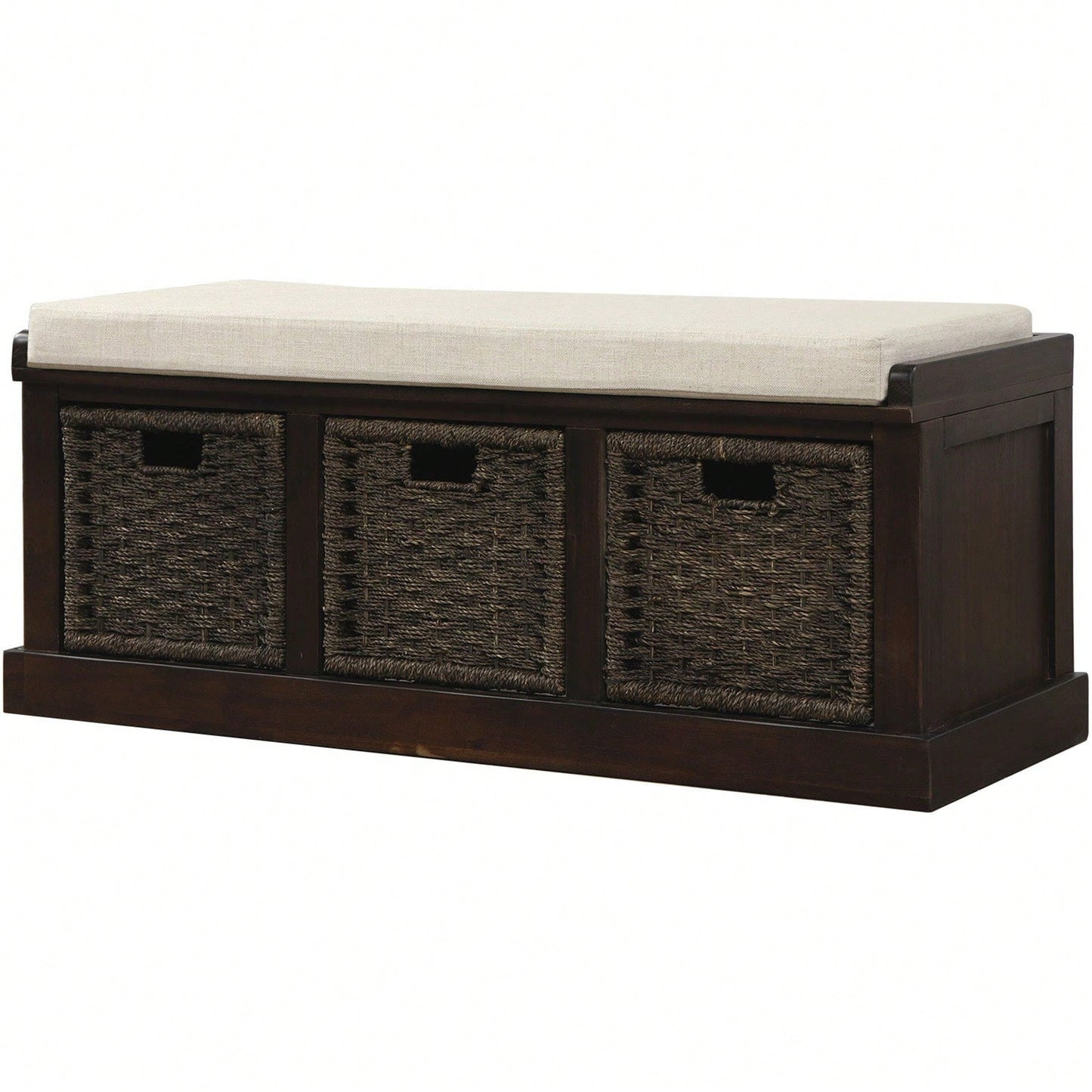 Rustic Storage Bench With 3 Removable Classic Rattan Basket , Entryway Bench Storage Bench With Removable Cushion
