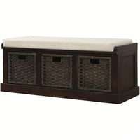 Rustic Storage Bench With 3 Removable Classic Rattan Basket , Entryway Bench Storage Bench With Removable Cushion