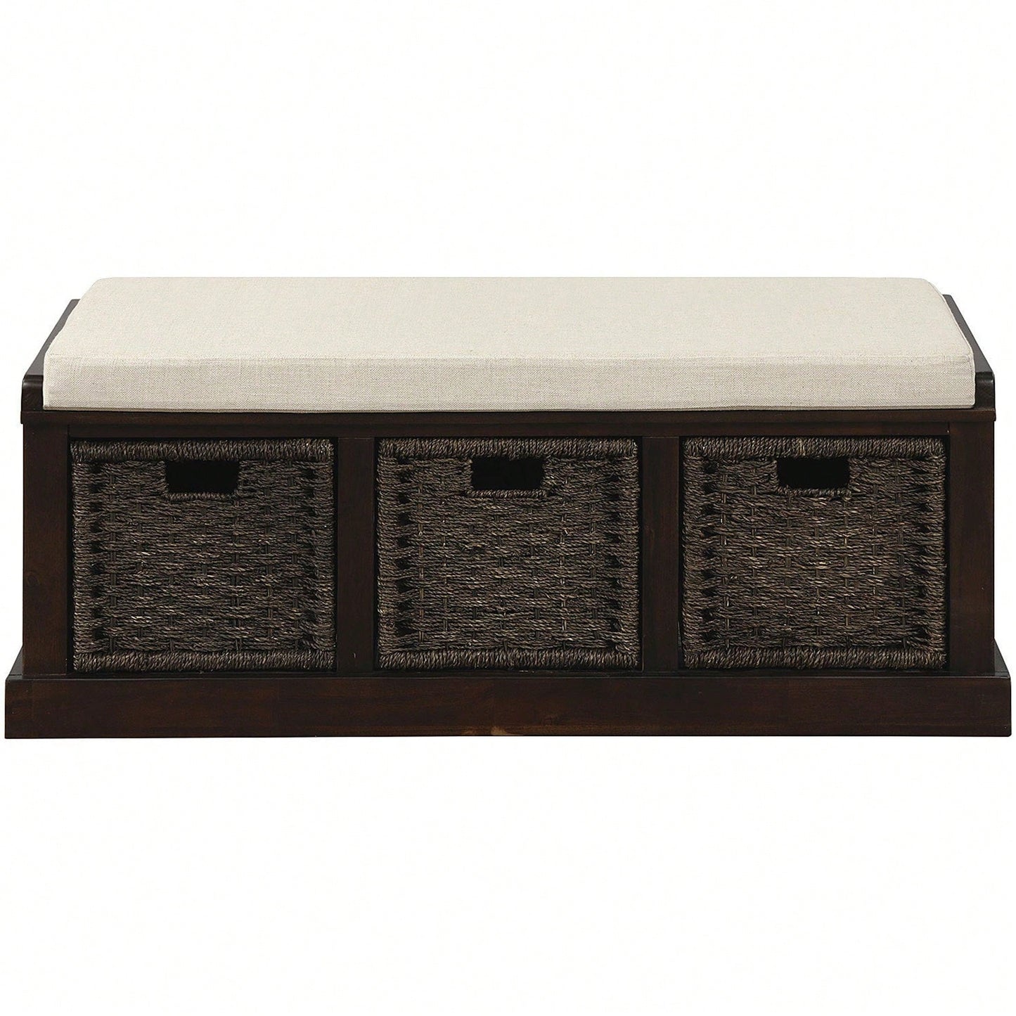 Rustic Storage Bench With 3 Removable Classic Rattan Basket , Entryway Bench Storage Bench With Removable Cushion