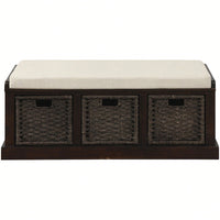 Rustic Storage Bench With 3 Removable Classic Rattan Basket , Entryway Bench Storage Bench With Removable Cushion