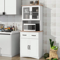 White Pantry Room Storage Microwave Cabinet With Framed Glass Doors And Drawer