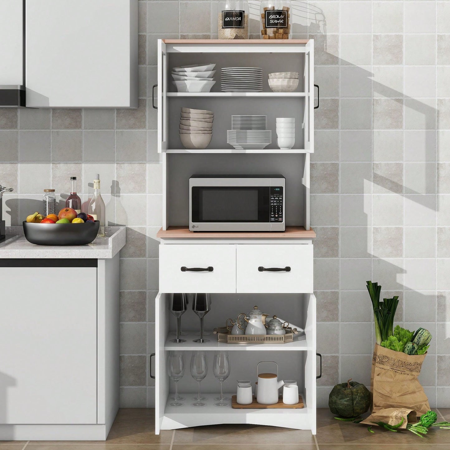 White Pantry Room Storage Microwave Cabinet With Framed Glass Doors And Drawer