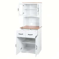 White Pantry Room Storage Microwave Cabinet With Framed Glass Doors And Drawer