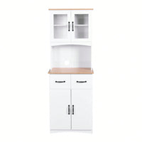 White Pantry Room Storage Microwave Cabinet With Framed Glass Doors And Drawer