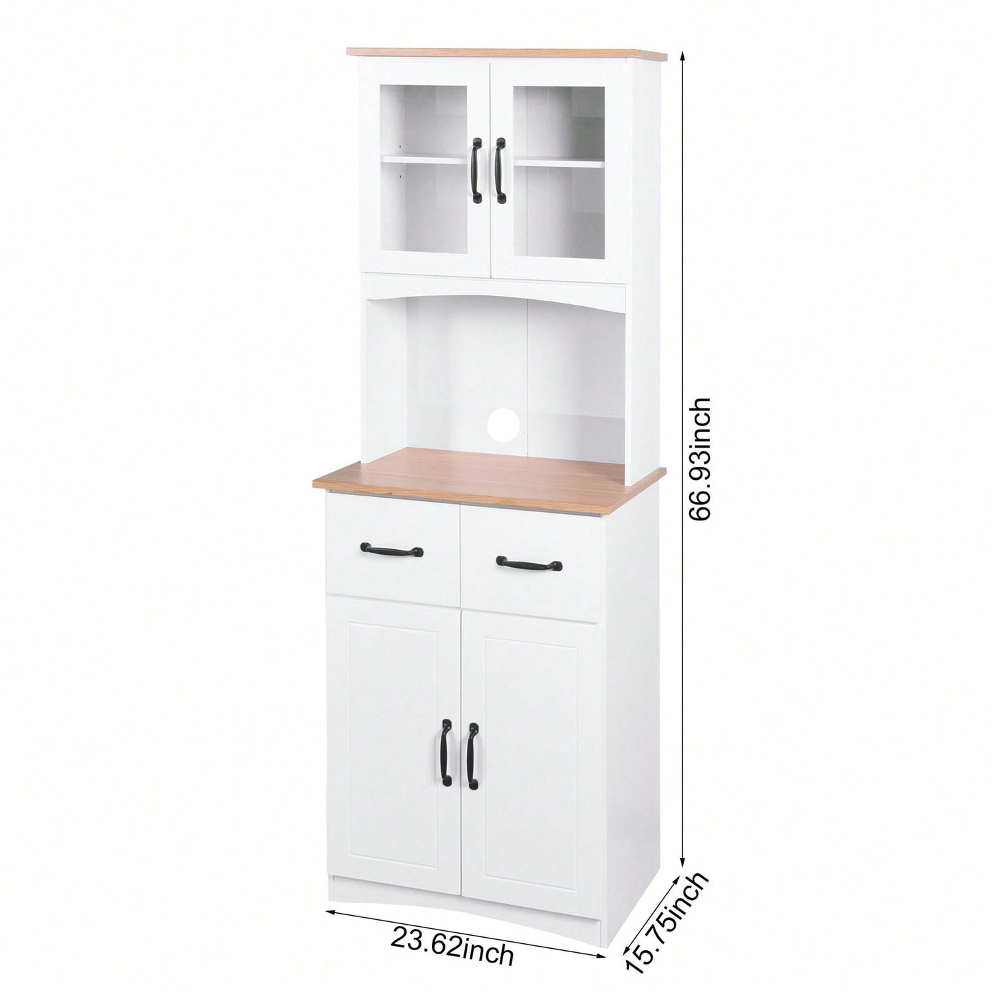 White Pantry Room Storage Microwave Cabinet With Framed Glass Doors And Drawer