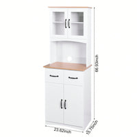 White Pantry Room Storage Microwave Cabinet With Framed Glass Doors And Drawer