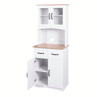 White Pantry Room Storage Microwave Cabinet With Framed Glass Doors And Drawer