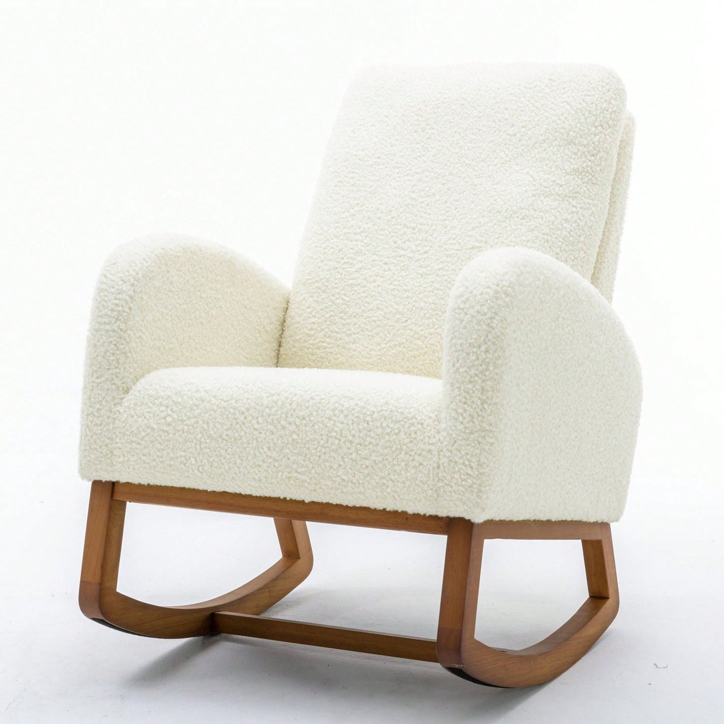 Mid-Century Modern Solid Wood Rocking Chair with Upholstered Cushion Cozy Armrests and High Backrest for Living Room