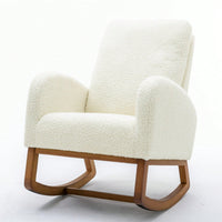 Mid-Century Modern Solid Wood Rocking Chair with Upholstered Cushion Cozy Armrests and High Backrest for Living Room