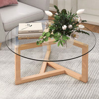 Round Glass Coffee Table Modern Cocktail Table Easy Assembly With Tempered Glass Top & Sturdy Wood Base