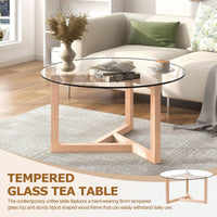Round Glass Coffee Table Modern Cocktail Table Easy Assembly With Tempered Glass Top & Sturdy Wood Base