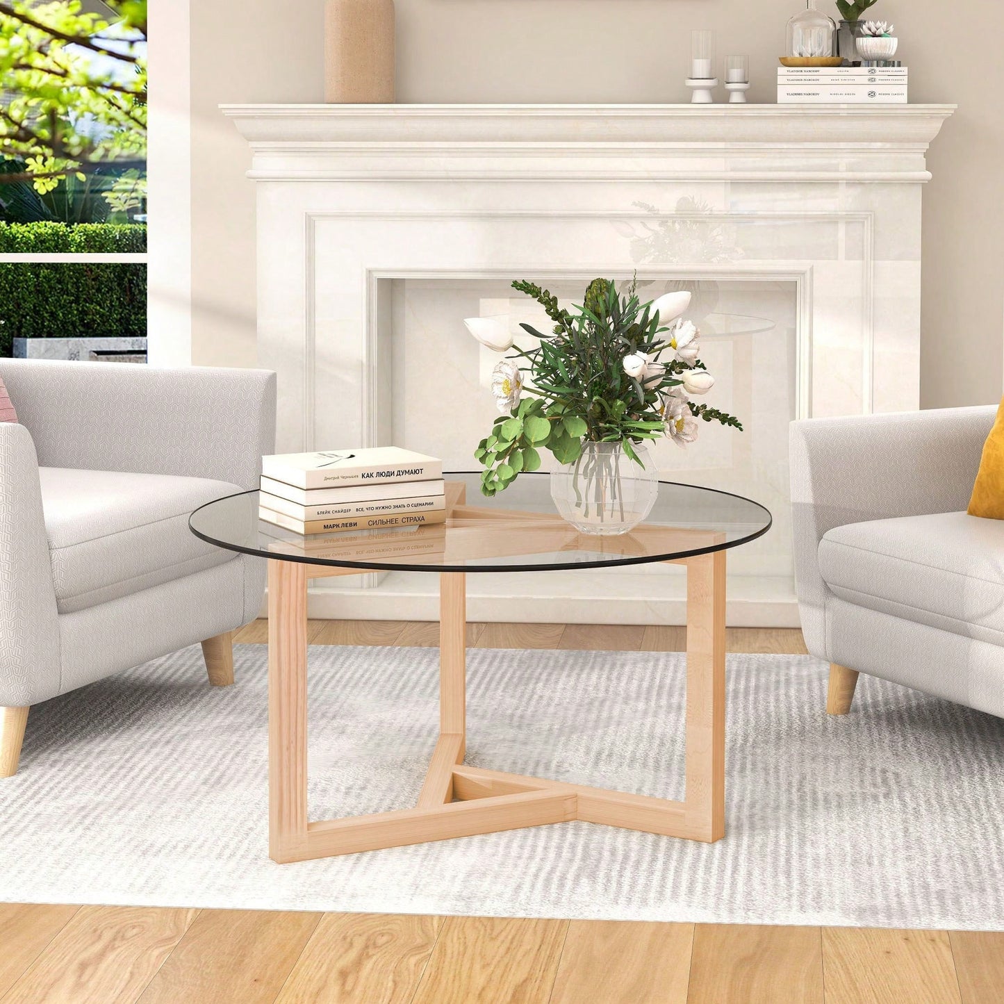 Round Glass Coffee Table Modern Cocktail Table Easy Assembly With Tempered Glass Top & Sturdy Wood Base