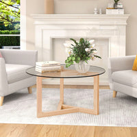 Round Glass Coffee Table Modern Cocktail Table Easy Assembly With Tempered Glass Top & Sturdy Wood Base