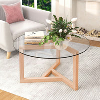 Round Glass Coffee Table Modern Cocktail Table Easy Assembly With Tempered Glass Top & Sturdy Wood Base