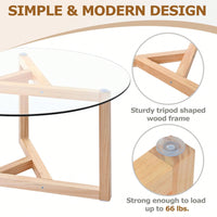 Round Glass Coffee Table Modern Cocktail Table Easy Assembly With Tempered Glass Top & Sturdy Wood Base