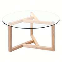 Round Glass Coffee Table Modern Cocktail Table Easy Assembly With Tempered Glass Top & Sturdy Wood Base