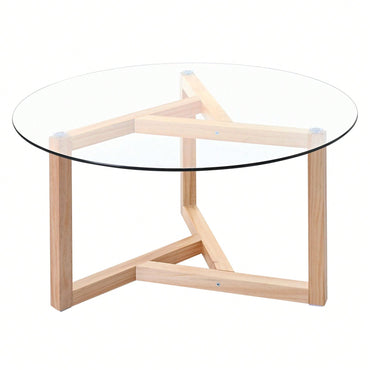 Round Glass Coffee Table Modern Cocktail Table Easy Assembly With Tempered Glass Top & Sturdy Wood Base