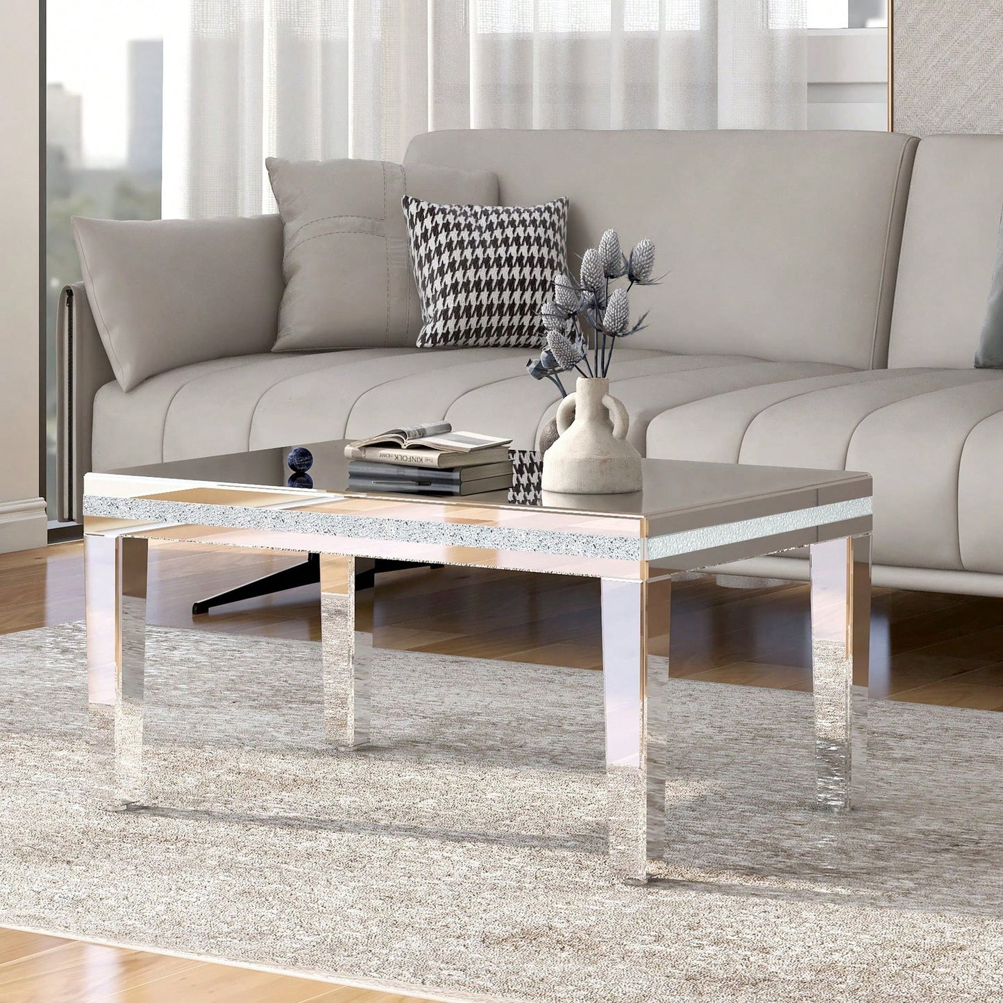 Modern Glass Mirrored Coffee Table, Easy Assembly Cocktail Table With Crystal Design And Adjustable Height Legs
