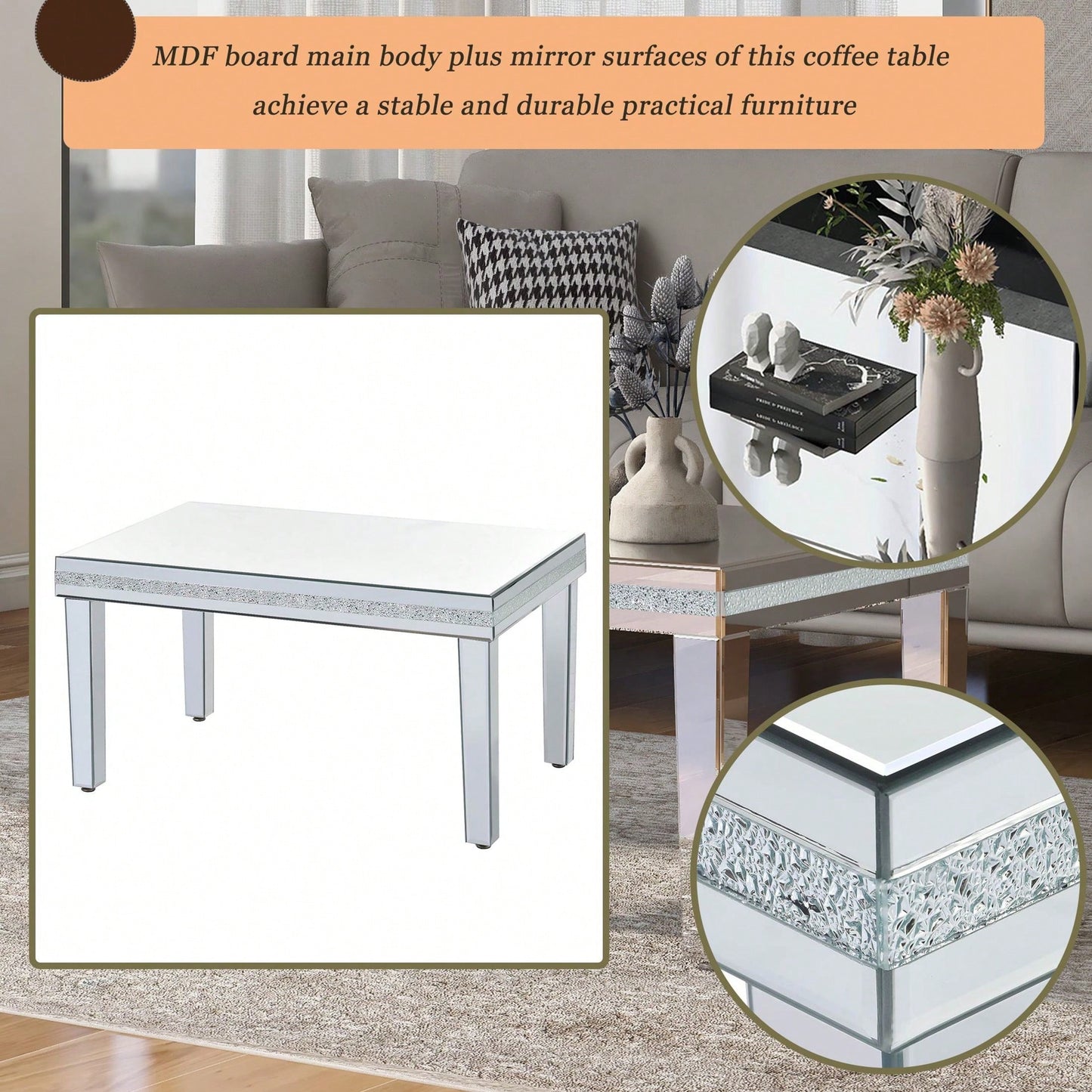 Modern Glass Mirrored Coffee Table, Easy Assembly Cocktail Table With Crystal Design And Adjustable Height Legs