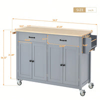 Kitchen Island Cart With Solid Wood Top And Locking Wheels, 54.3 Inch Width, 4 Door Cabinet And Two Drawers, Spice Rack, Towel Rack