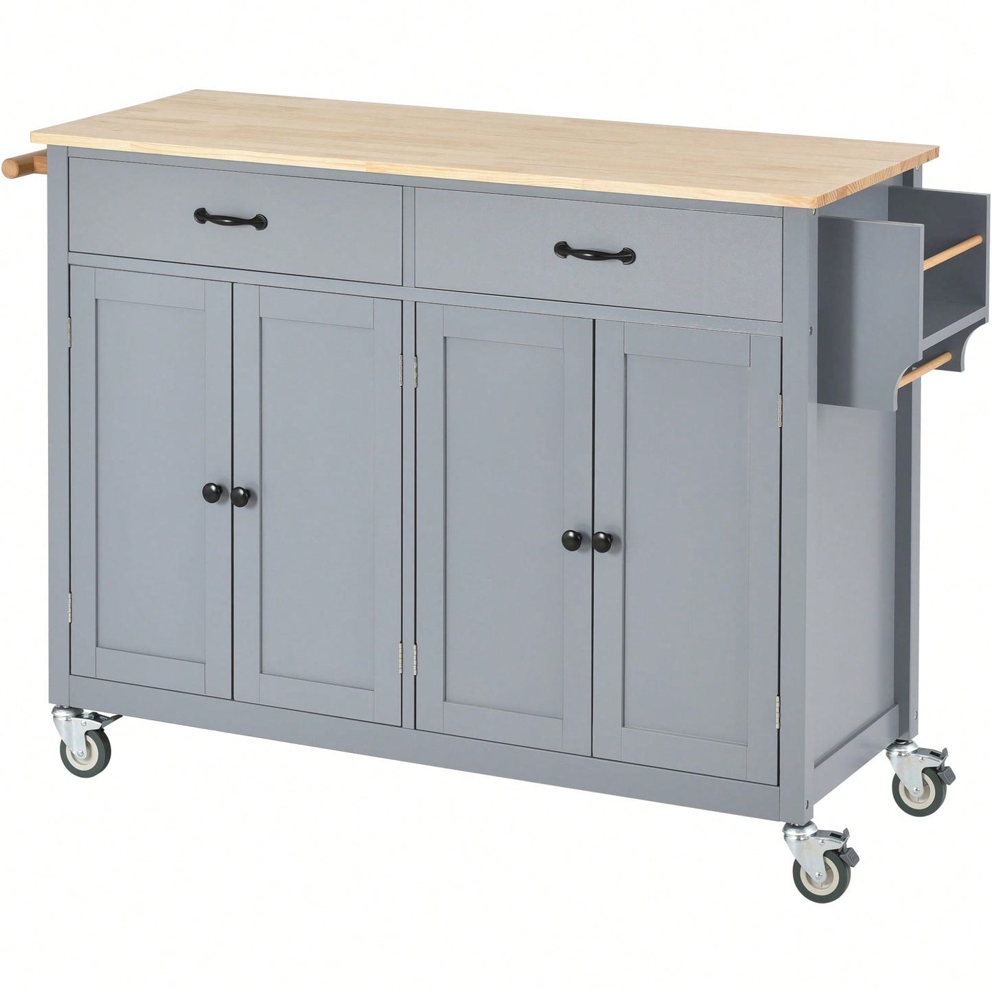 Kitchen Island Cart With Solid Wood Top And Locking Wheels, 54.3 Inch Width, 4 Door Cabinet And Two Drawers, Spice Rack, Towel Rack