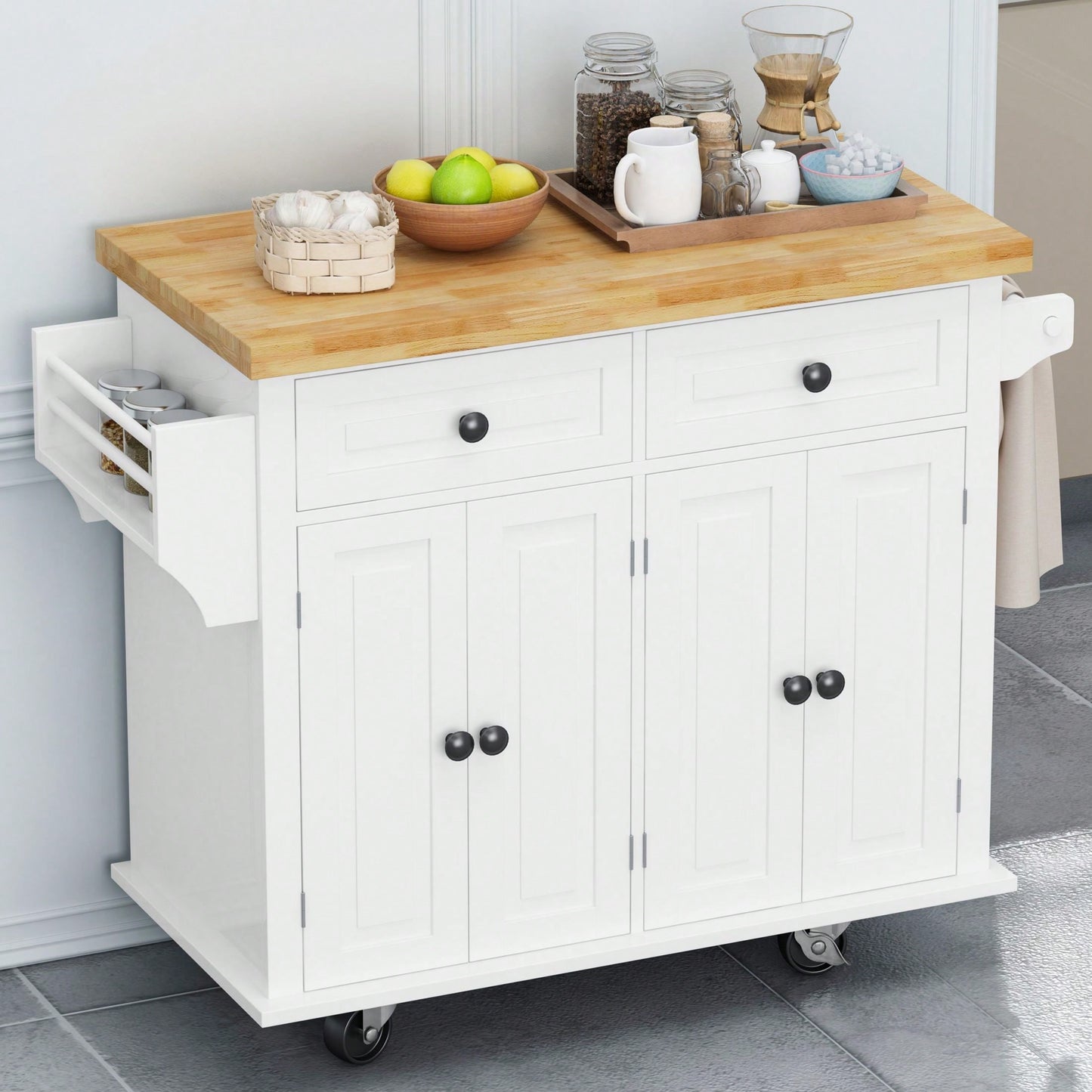 Kitchen Island Cart With Two Storage Cabinets And Two Locking Wheels,43.31 Inch Width,4 Door Cabinet And Two Drawers,Spice Rack, Towel Rack