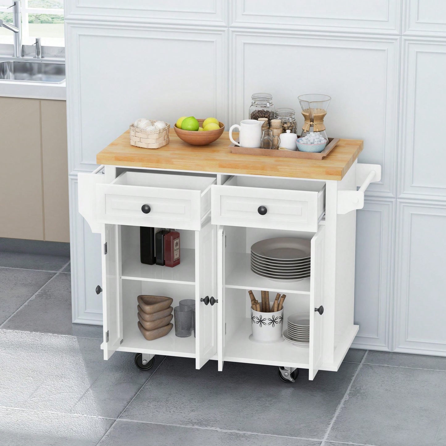 Kitchen Island Cart With Two Storage Cabinets And Two Locking Wheels,43.31 Inch Width,4 Door Cabinet And Two Drawers,Spice Rack, Towel Rack