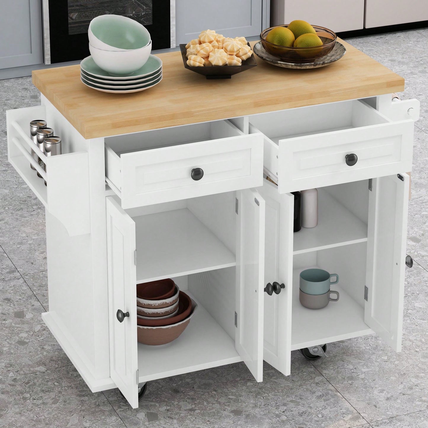 Kitchen Island Cart With Two Storage Cabinets And Two Locking Wheels,43.31 Inch Width,4 Door Cabinet And Two Drawers,Spice Rack, Towel Rack