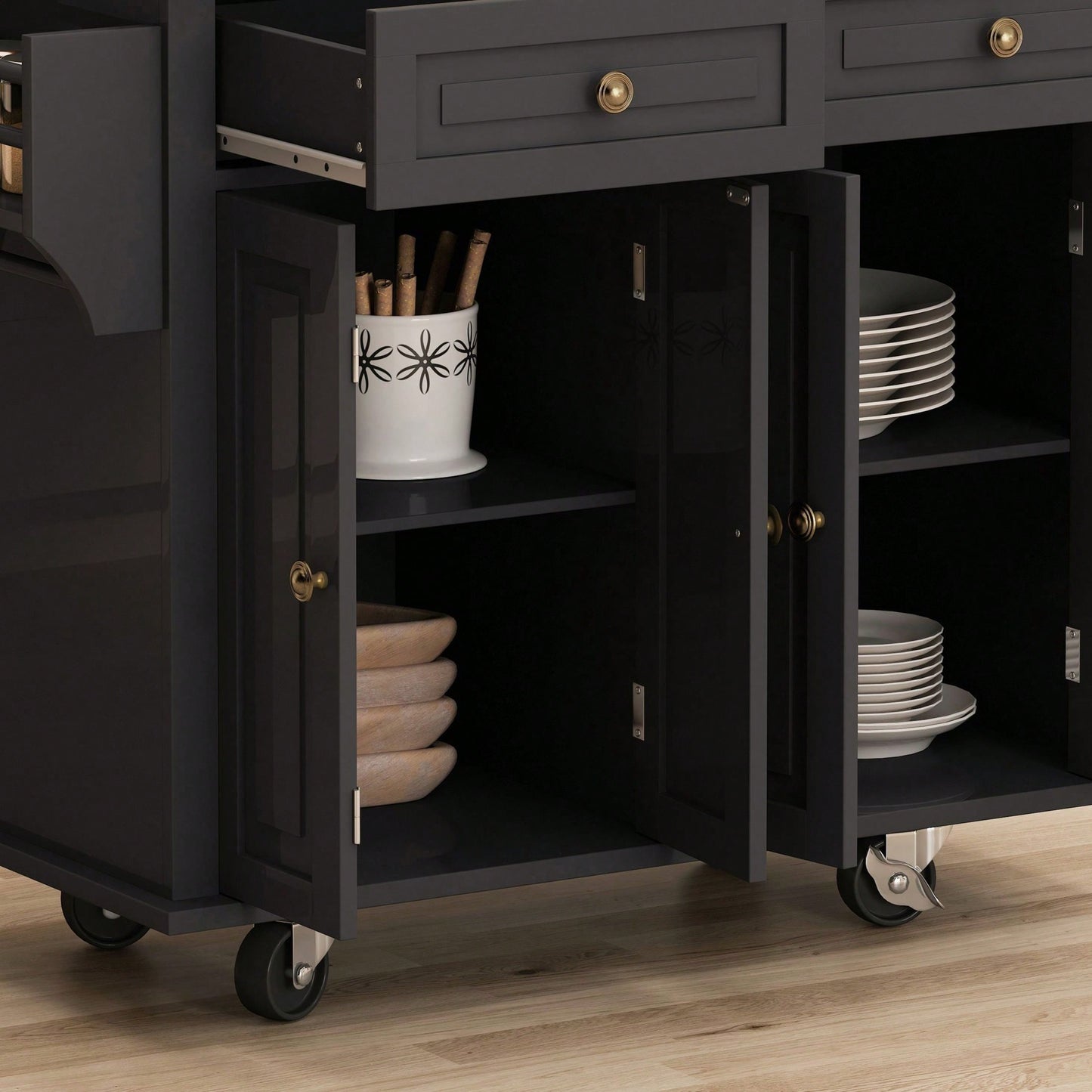 Kitchen Island Cart With Two Storage Cabinets And Two Locking Wheels,43.31 Inch Width,4 Door Cabinet And Two Drawers,Spice Rack, Towel Rack