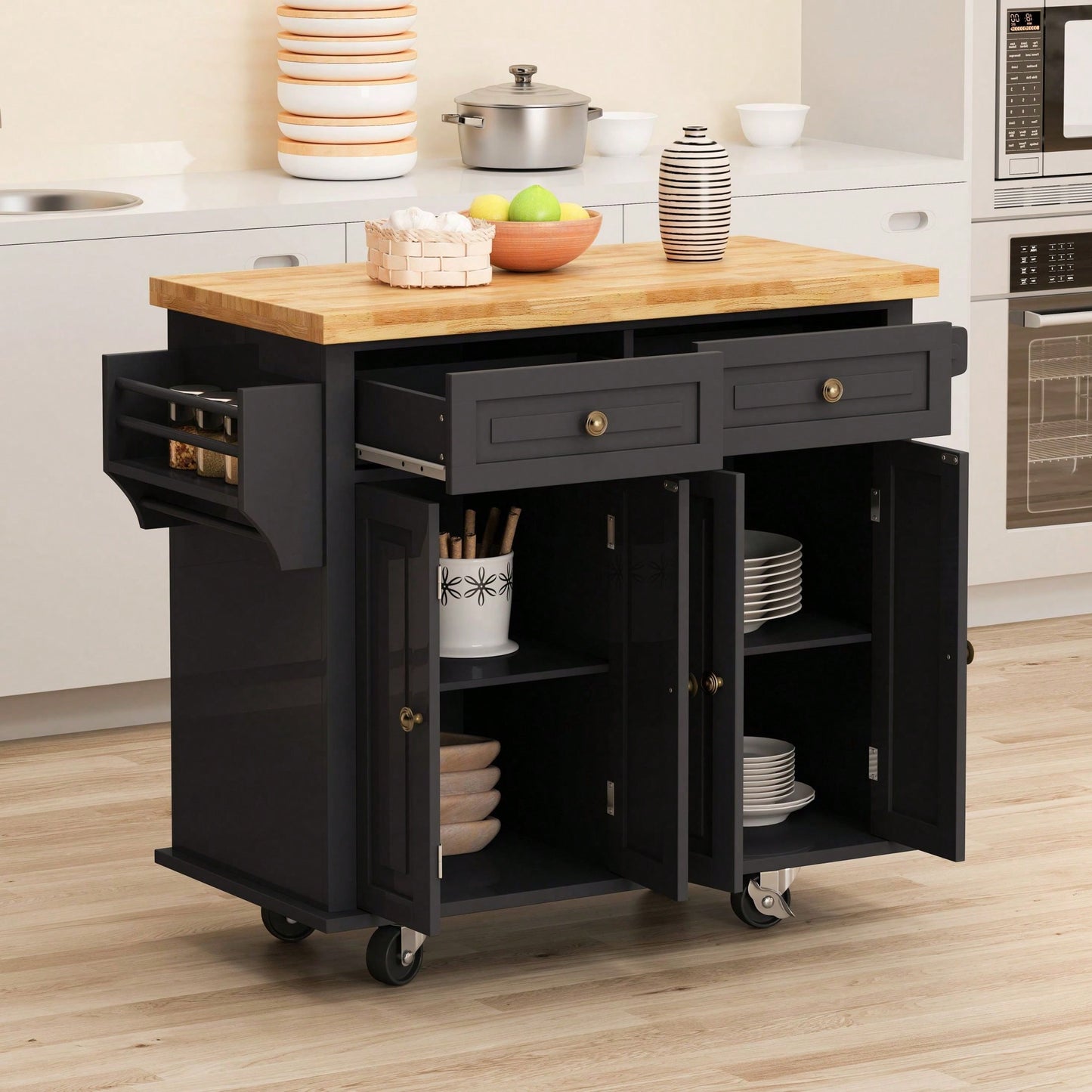 Kitchen Island Cart With Two Storage Cabinets And Two Locking Wheels,43.31 Inch Width,4 Door Cabinet And Two Drawers,Spice Rack, Towel Rack