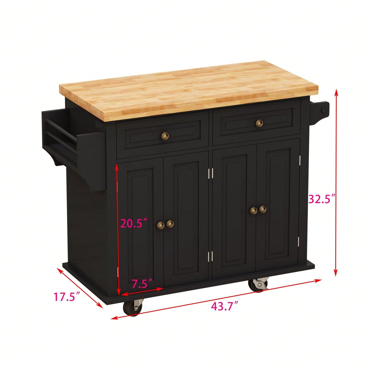 Kitchen Island Cart With Two Storage Cabinets And Two Locking Wheels,43.31 Inch Width,4 Door Cabinet And Two Drawers,Spice Rack, Towel Rack