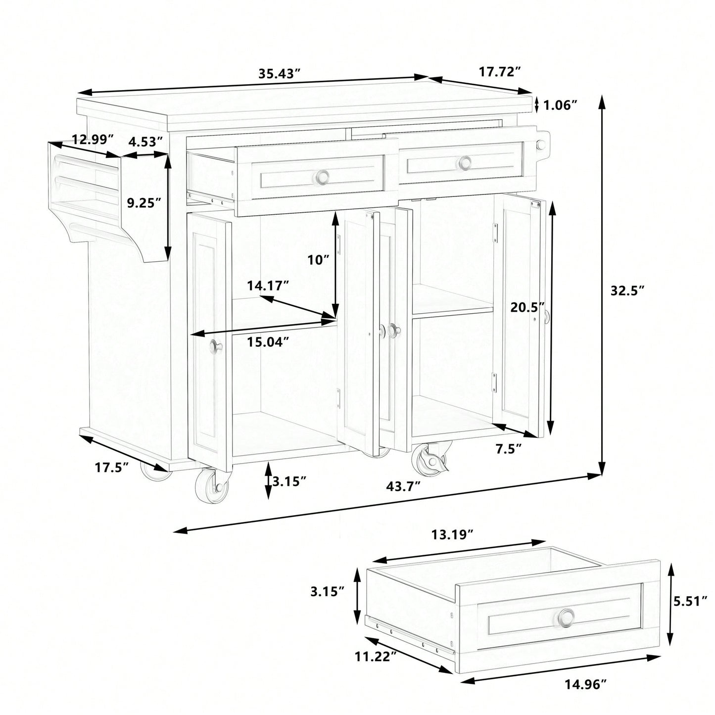 Kitchen Island Cart With Two Storage Cabinets And Two Locking Wheels,43.31 Inch Width,4 Door Cabinet And Two Drawers,Spice Rack, Towel Rack