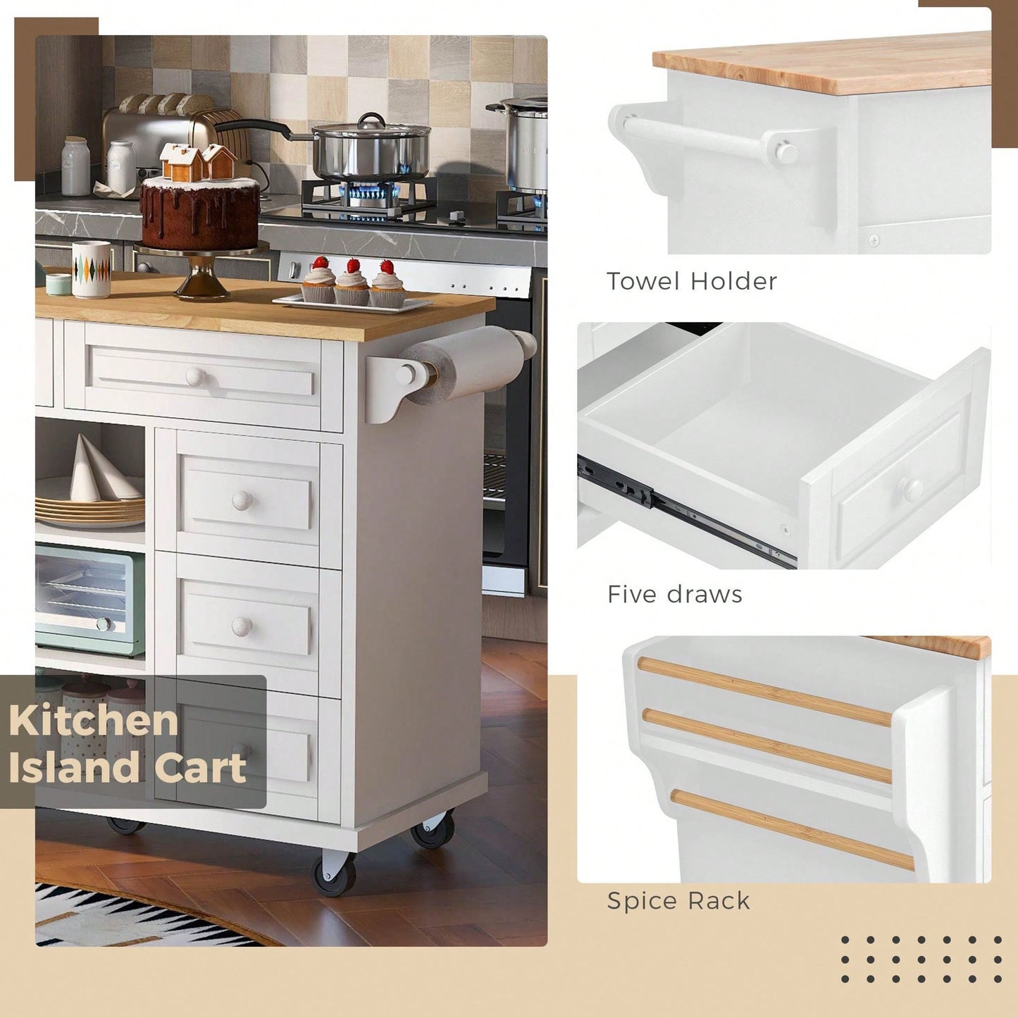 Kitchen Cart With Rubber Wood Desktop Rolling Mobile Kitchen Island With Storage And 5 Draws 53" Length