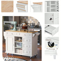 Kitchen Cart With Rubber Wood Desktop Rolling Mobile Kitchen Island With Storage And 5 Draws 53" Length