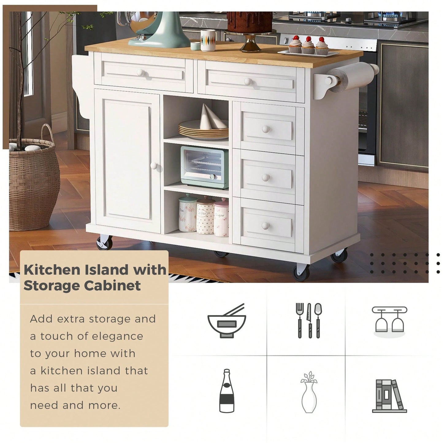 Kitchen Cart With Rubber Wood Desktop Rolling Mobile Kitchen Island With Storage And 5 Draws 53" Length